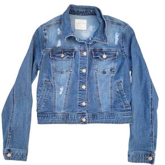 Celebrity Pink Distressed Denim Jacket Button Up Rollable Sleeve Womans Small - Picture 5 of 13